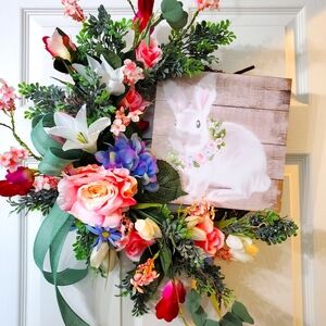 Floral Bunny Wreath with Pink and Green Accents